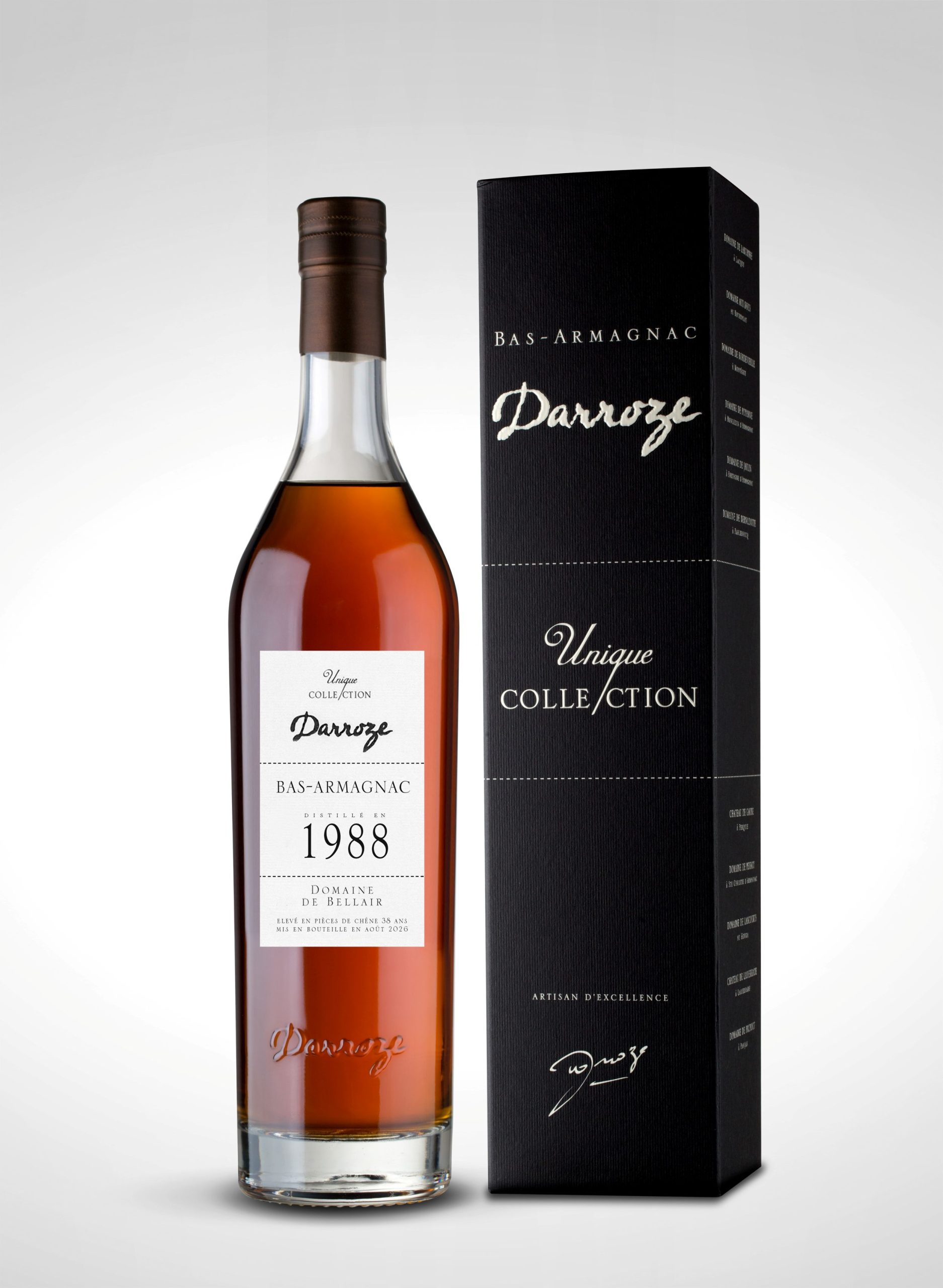 Bouteille d'Armagnac Darroze de la Collection Unique, millésime 1988, domaine de Bellair avec son étui